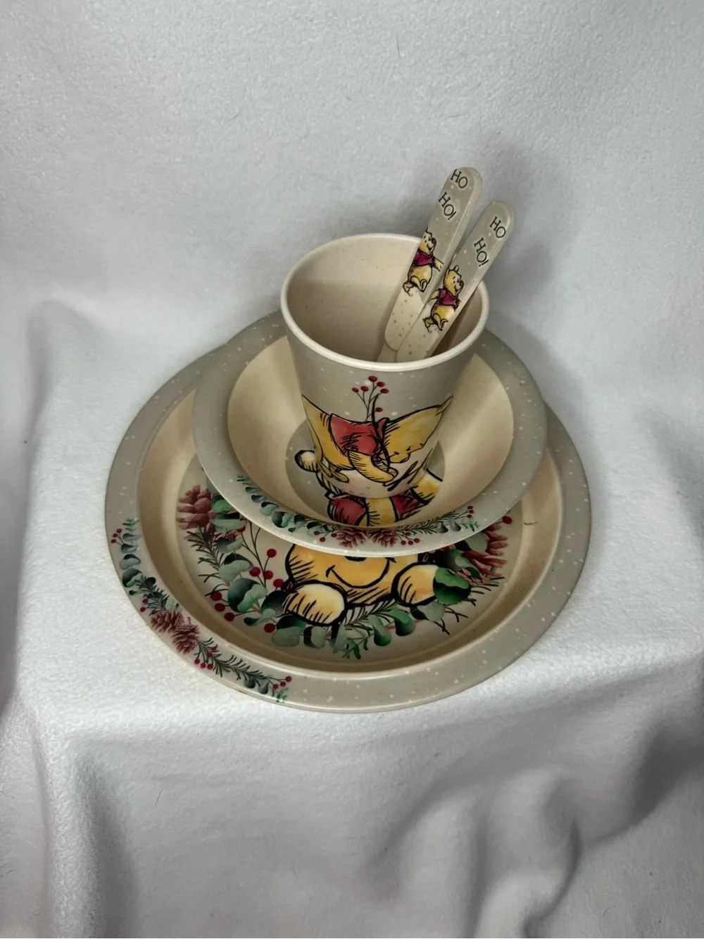 Disney Winnie the Pooh Christmas Melamine Kids Dinnerware Set Plate Bowl Cup